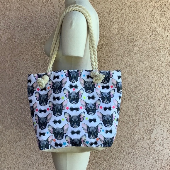 Unbranded Handbags - Frenchie floating head tote beach bag everyday bag black white pink